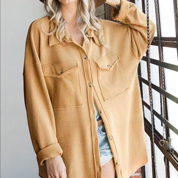 Tan shacket Terry cloth button long sleeve fall cute vacation beach coverup - Picture 2 of 2